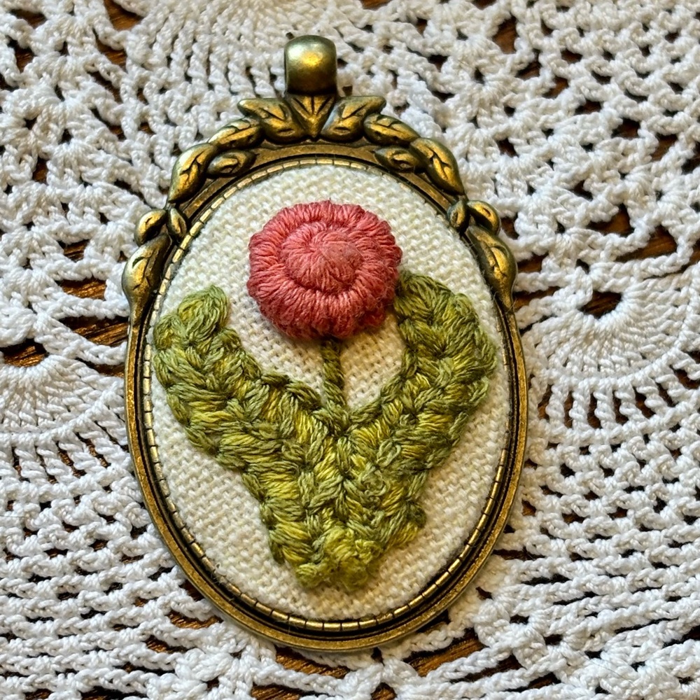 Hand-Embroidered Floral Pendant - Salmon Pink Flower, Green Leaves